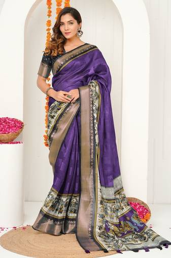 purple madhubani ethnic printed cotton silk saree with unstitched blouse piece