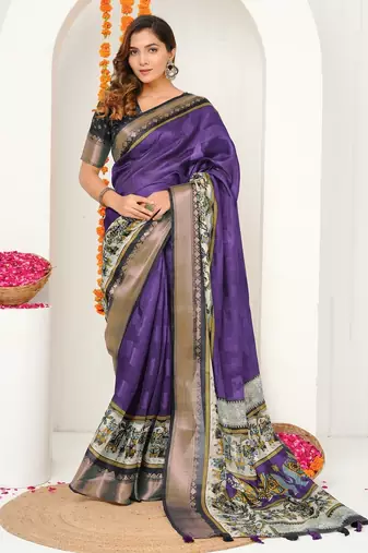 purple madhubani ethnic printed cotton silk saree with unstitched blouse piece