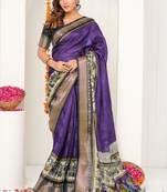 purple madhubani ethnic printed cotton silk saree with unstitched blouse piece