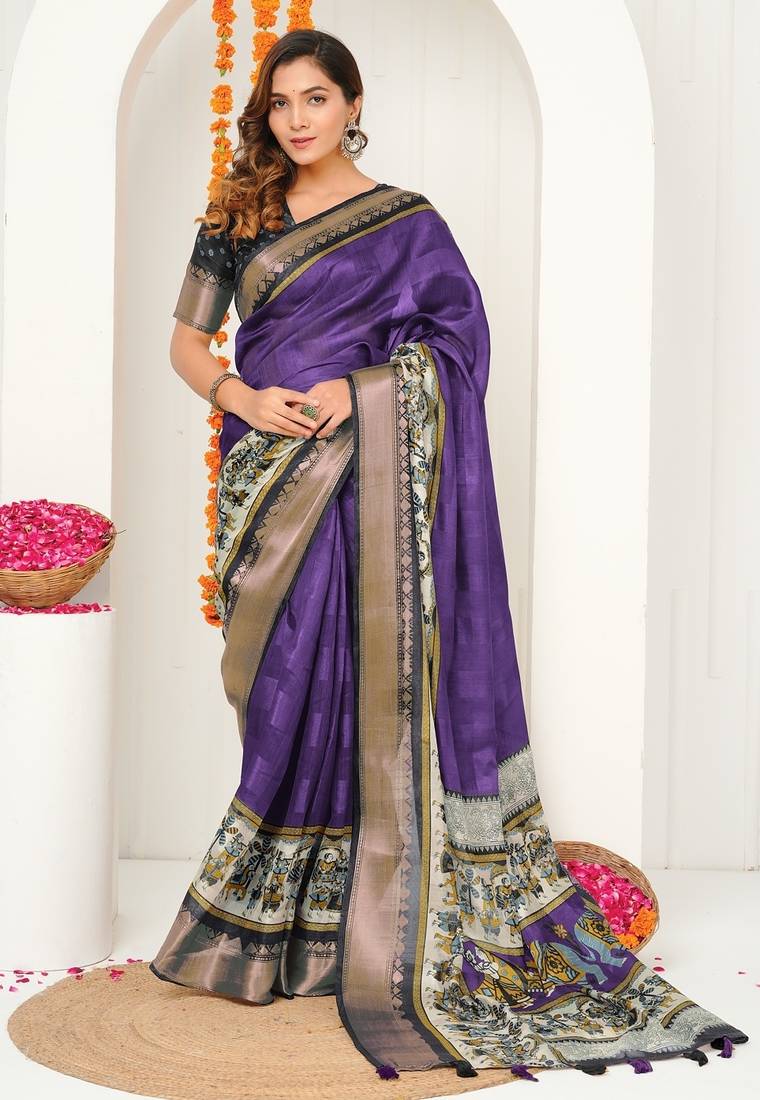 purple madhubani ethnic printed cotton silk saree with unstitched blouse piece