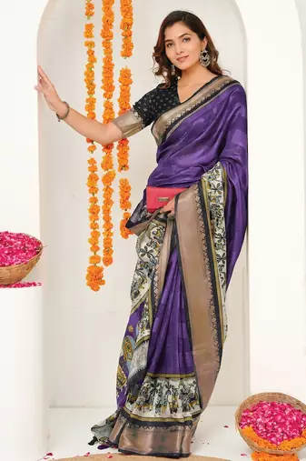 purple madhubani ethnic printed cotton silk saree with unstitched blouse piece