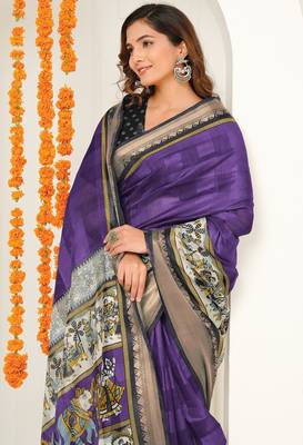 purple madhubani ethnic printed cotton silk saree with unstitched blouse piece 3