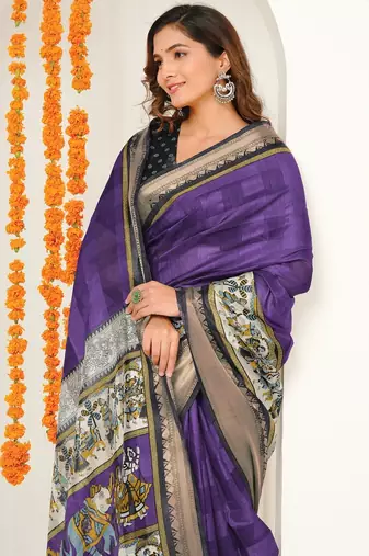 purple madhubani ethnic printed cotton silk saree with unstitched blouse piece