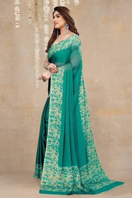 teal green abstrect print chiffon saree with unstitched blouse piece 2