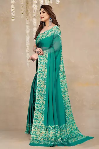 teal green abstrect print chiffon saree with unstitched blouse piece