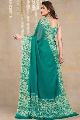 teal green abstrect print chiffon saree with unstitched blouse piece 3