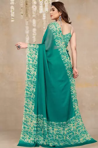 teal green abstrect print chiffon saree with unstitched blouse piece