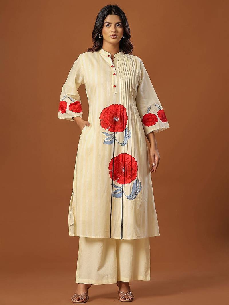 Women Floral Printed Thread Work Cotton Kurta with Trousers