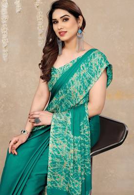 teal green abstrect print chiffon saree with unstitched blouse piece 5