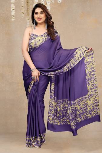 purple abstrect print chiffon saree with unstitched blouse piece