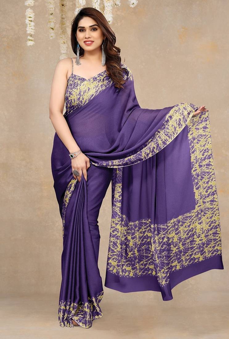 purple abstrect print chiffon saree with unstitched blouse piece