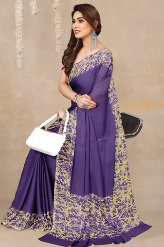 purple abstrect print chiffon saree with unstitched blouse piece