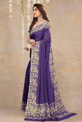purple abstrect print chiffon saree with unstitched blouse piece 3