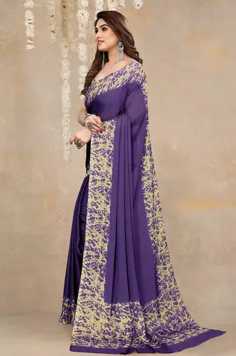 purple abstrect print chiffon saree with unstitched blouse piece