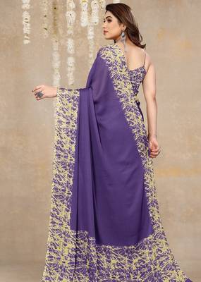 purple abstrect print chiffon saree with unstitched blouse piece 4