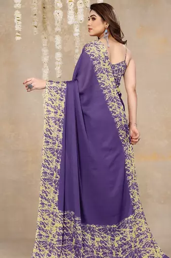 purple abstrect print chiffon saree with unstitched blouse piece