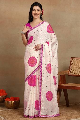 off white block print chiffon saree with unstitched blouse piece
