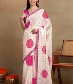 off white block print chiffon saree with unstitched blouse piece