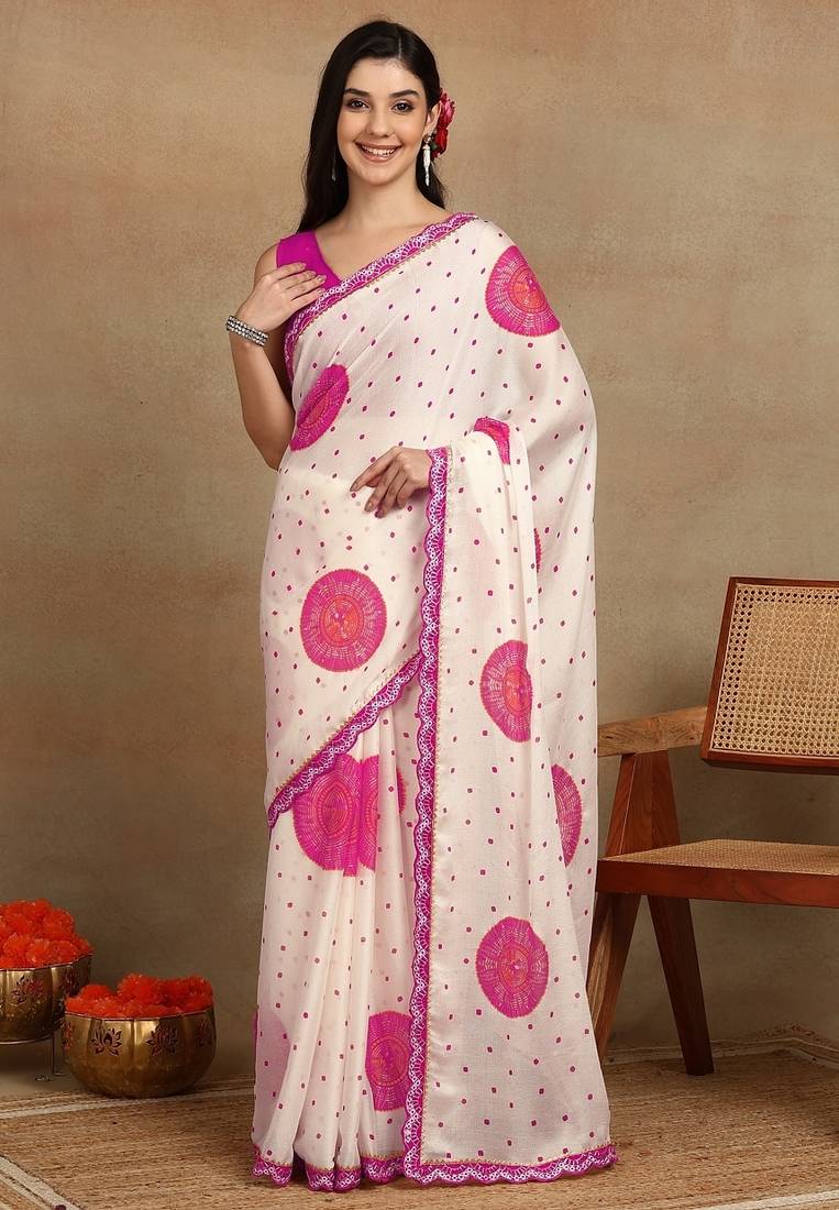 off white block print chiffon saree with unstitched blouse piece