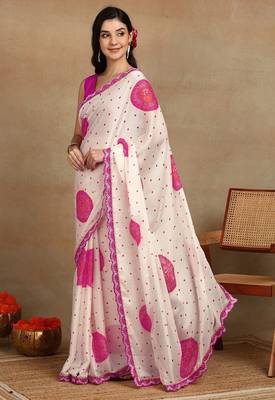 off white block print chiffon saree with unstitched blouse piece 2