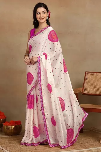 off white block print chiffon saree with unstitched blouse piece