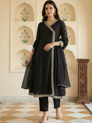 Women Ethnic Motifs Embroidered Angrakha Thread Work Kurta with Trousers & With Dupatta 1
