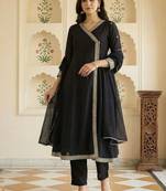 Women Ethnic Motifs Embroidered Angrakha Thread Work Kurta with Trousers & With Dupatta