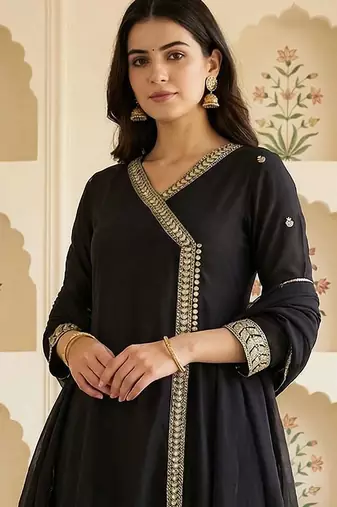 Women Ethnic Motifs Embroidered Angrakha Thread Work Kurta with Trousers & With Dupatta