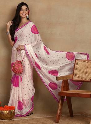 off white block print chiffon saree with unstitched blouse piece 3