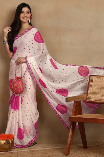 off white block print chiffon saree with unstitched blouse piece