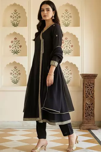 Women Ethnic Motifs Embroidered Angrakha Thread Work Kurta with Trousers & With Dupatta