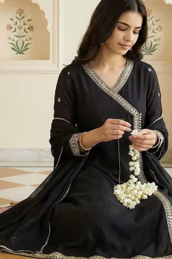 Women Ethnic Motifs Embroidered Angrakha Thread Work Kurta with Trousers & With Dupatta
