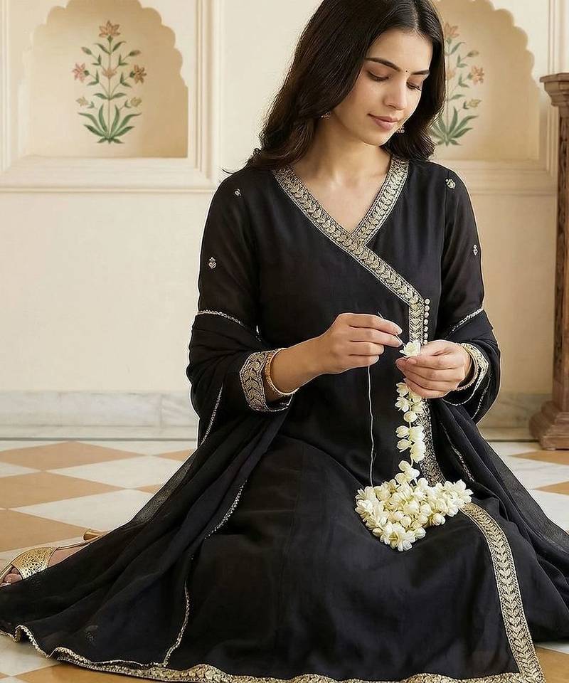 Women Ethnic Motifs Embroidered Angrakha Thread Work Kurta with Trousers & With Dupatta