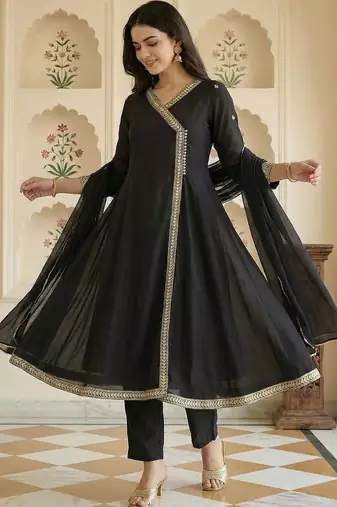 Women Ethnic Motifs Embroidered Angrakha Thread Work Kurta with Trousers & With Dupatta