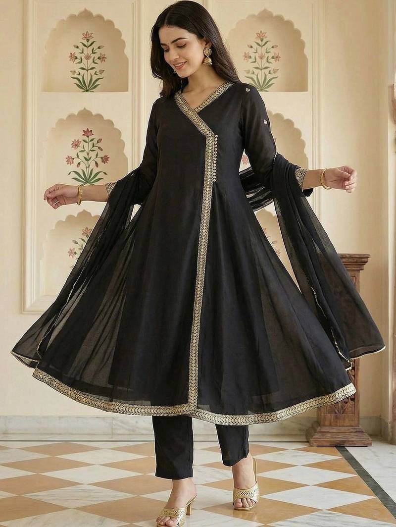 Women Ethnic Motifs Embroidered Angrakha Thread Work Kurta with Trousers & With Dupatta