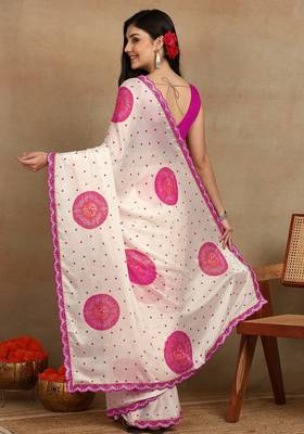 off white block print chiffon saree with unstitched blouse piece 4