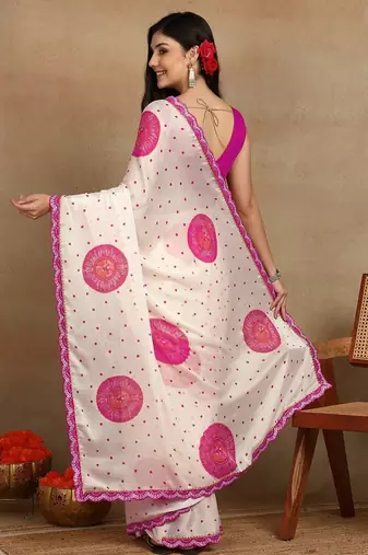 off white block print chiffon saree with unstitched blouse piece