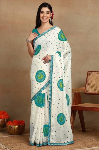 off white block print chiffon saree with unstitched blouse piece