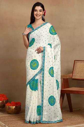 off white block print chiffon saree with unstitched blouse piece