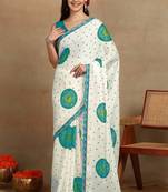 off white block print chiffon saree with unstitched blouse piece