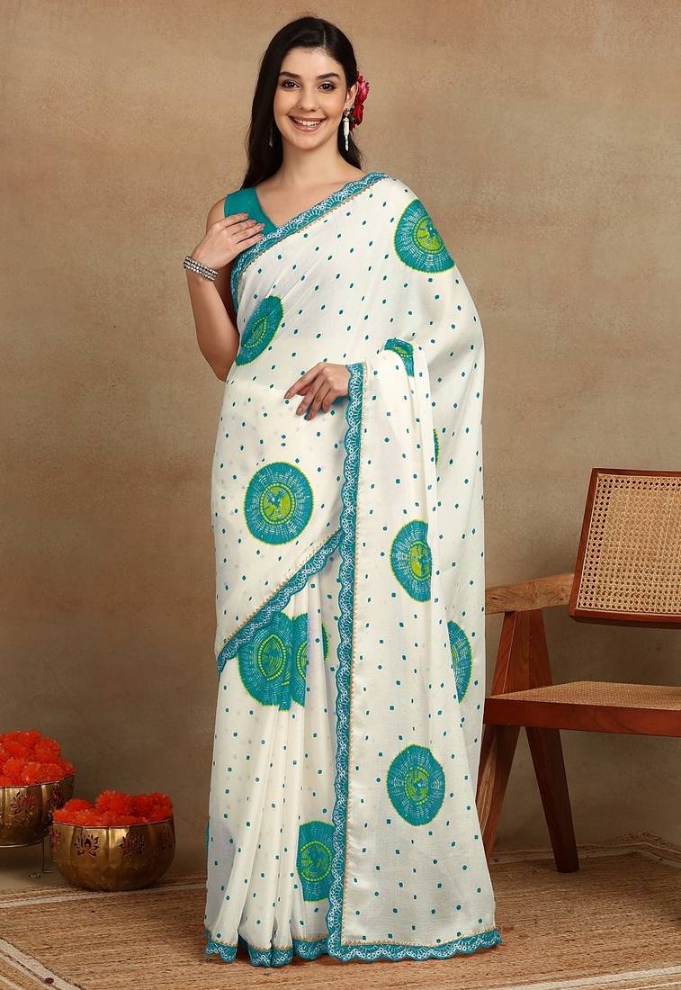 off white block print chiffon saree with unstitched blouse piece