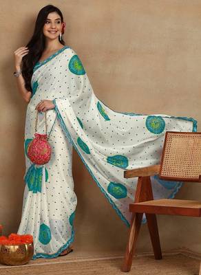 off white block print chiffon saree with unstitched blouse piece 2