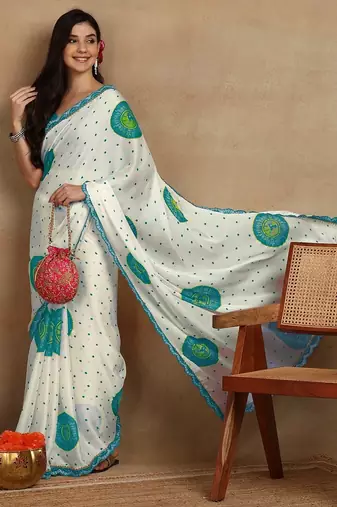 off white block print chiffon saree with unstitched blouse piece