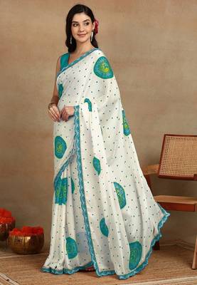 off white block print chiffon saree with unstitched blouse piece 3