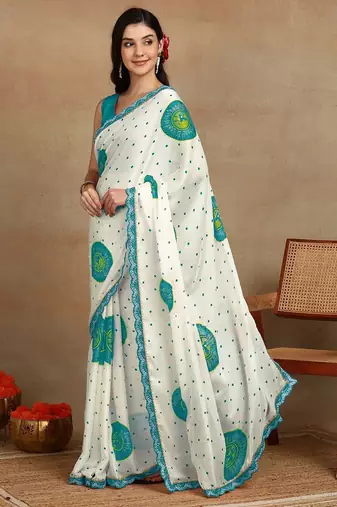off white block print chiffon saree with unstitched blouse piece
