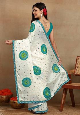 off white block print chiffon saree with unstitched blouse piece 4