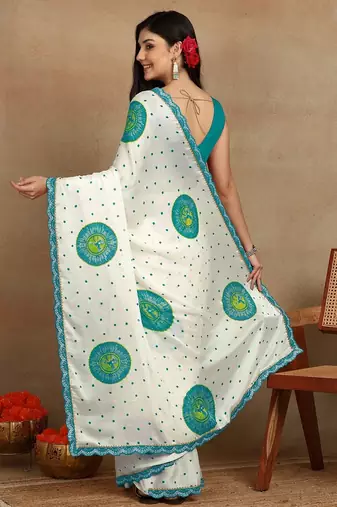 off white block print chiffon saree with unstitched blouse piece
