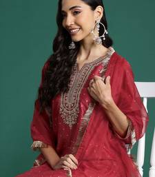 Embroidered Chanderi Silk Kurta With Trousers & Dupatta