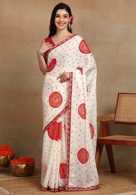 off white block print chiffon saree with unstitched blouse piece 1