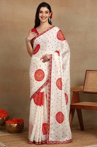 off white block print chiffon saree with unstitched blouse piece